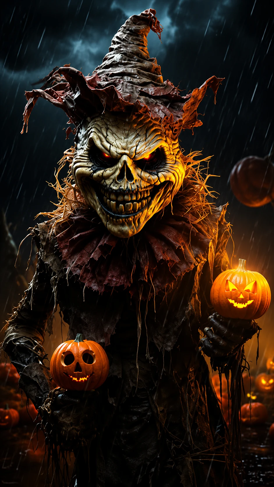 Sinister scarecrow holding glowing jack-o'-lanterns for Brasee's Haunted Hayride